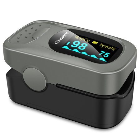 Health Care Battery JUMPER 500A Fingertip Pulse Oximeter Oximetry Blood Oxygen Saturation Monitor Heart Rate Monitor Pulse Oximeter for Sports Home Health Care with Carrying Case Batteries and Lanyard, Silver ()
