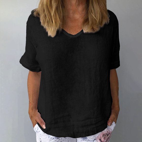 Black Women's Short Sleeve T-shirt, Women Cotton And Linen Flower Art Short Sleeve V Neck Clause Shirt,Women's Short sleeve T-shirt M