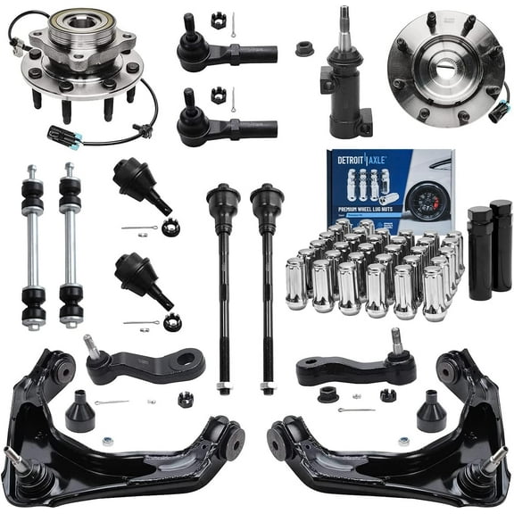 Detroit Axle - Front Wheel Hub Bearings Control Arms w/ Ball Joints Tie Rods 32pc Lug Nuts w/ Keys Replacement for Silverado Sierra 1500 HD 2500