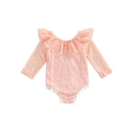 

jaweiw Baby Girls Lace Romper Long Sleeve Off-shoulder Ruffled Tasseled Bodysuit for Casual Daily 3-18M