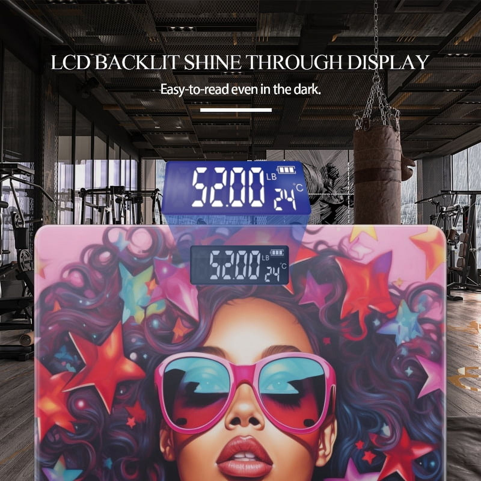 High Precision Body Weight Scale Smart Bathroom Scales with Large LCD Display(400lbs),Decorative for Bedroom-Black Woman With Curly Hair Wearing Pink Sunglasses