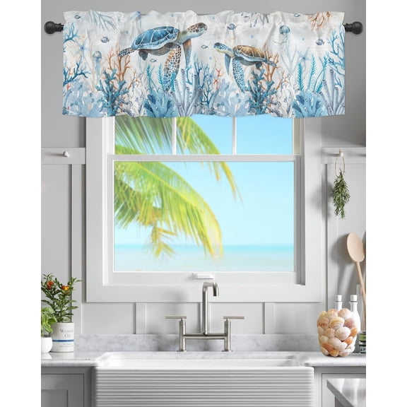 Sea Turtle kitchen Valance Curtain,Ocean Coral Rod Pocket Curtain Valances,Blue Gradient Short Curtains Summer Nautical Coastal Valance Window Valance for Living Room Bathroom Bedroom 54x18in
