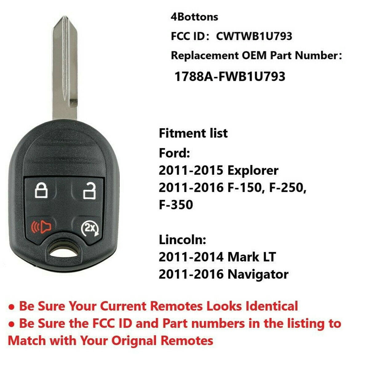 Ford F-350,for FCC ID CWTWB1U793 Maxiii Keyless Remote Car Key Fob 4 Button with Electronics and Batteries Compatible for 2011 2012 2013 2014 2015 2016 Ford F-150 