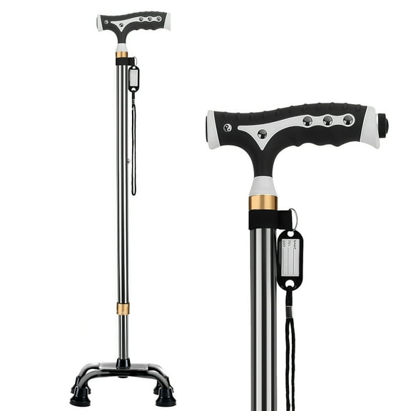 Vessgra Foldable Aluminum Quad Walking Cane for Elderly Adults, Single Handle