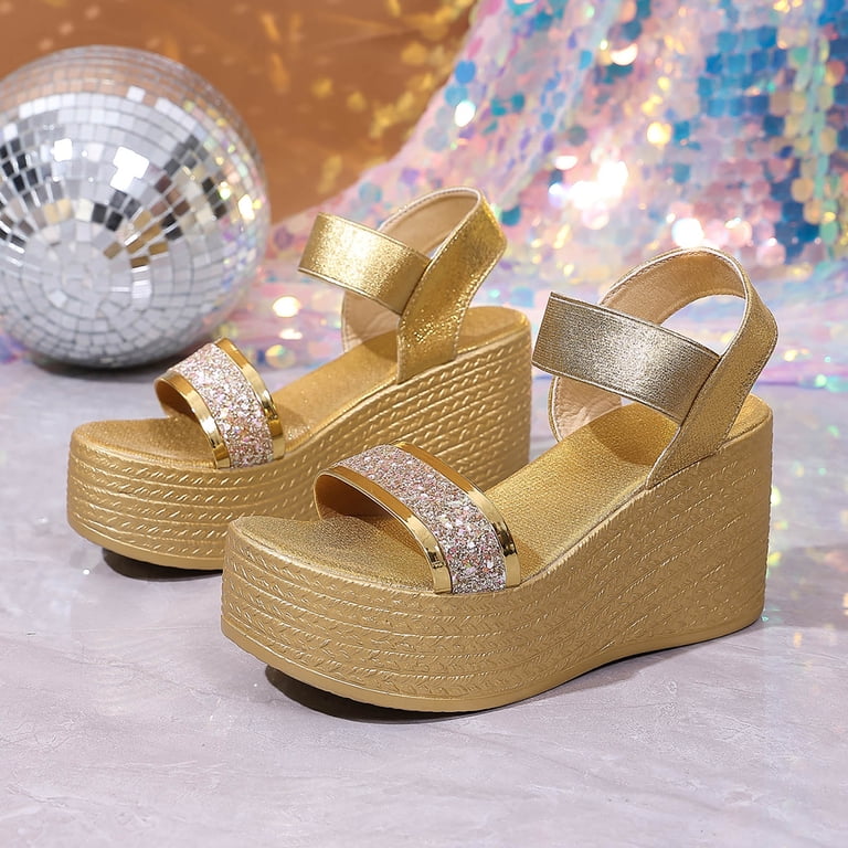 gold platform dress sandals Open Toe Platform Sandals for Women Sequin Sparkly Band Stretch Ankle Strap  Wegdes Casual High Heeled Beach Vacation Dress Shoes Gold Size 8.5