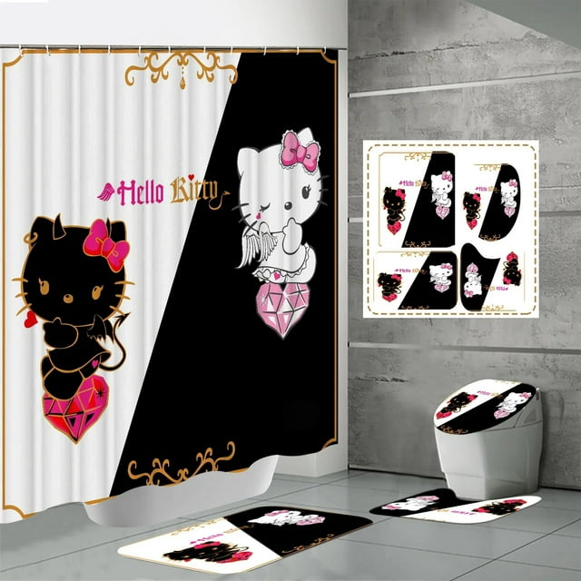 Rideau de Douche Kawaii Hello Kitty Ensemble Quatre Pièces Kit Anime Sanrio Impression Rideau de Douche Tapis Coussinet en U Imperméable Neuf LS