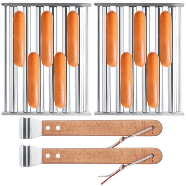 2PCS Hot Dog Roller for Grill, BBQ Hot Dog Roller, Stainless Steel Sausage Roller Rack with Wood Handle, Barbecue Roller Tools, Grilling Accessories for Outdoor 9.4" x 7.1"