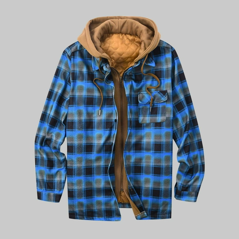 Blue Lined Plaid Plaid XL Jackets Button Zipper Up Down Winter Men\'s Jacket Button YYDGH Coat Flannel Quilted Drawstring Shirt Hooded