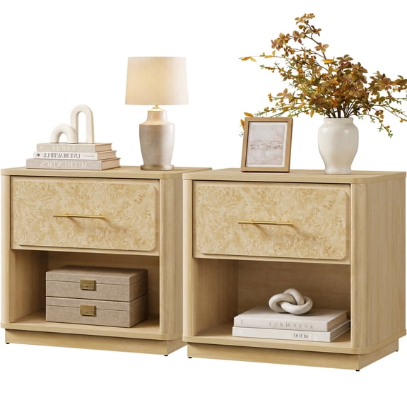 SICOTAS 24.8"W Burl Wood Nightstand Set of 2, Modern Bedside Table with Storage Drawer Night Stand Luxury with Unique Natural Grain for Bedroom