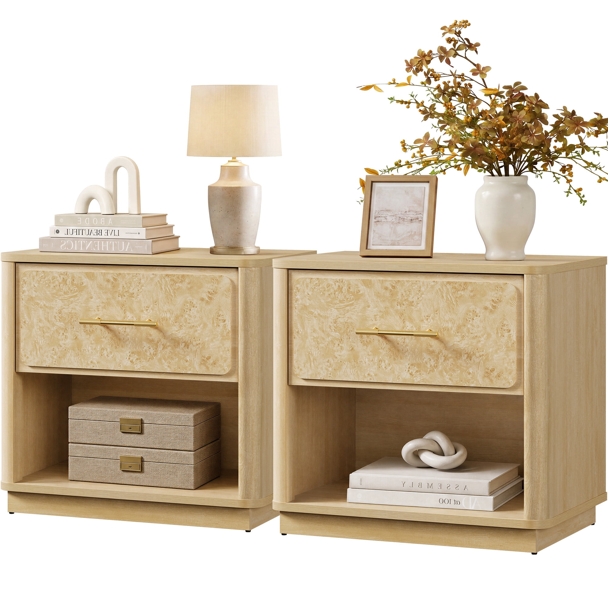 SICOTAS 24.8"W Burl Wood Nightstand Set of 2, Modern Bedside Table with Storage Drawer Night Stand Luxury with Unique Natural Grain for Bedroom