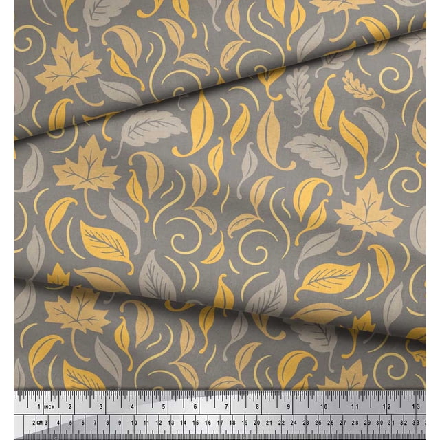 Soimoi Yellow polyester Crepe Fabric Autumn Leaves Print Fabric by Yard 52 Inch Wide