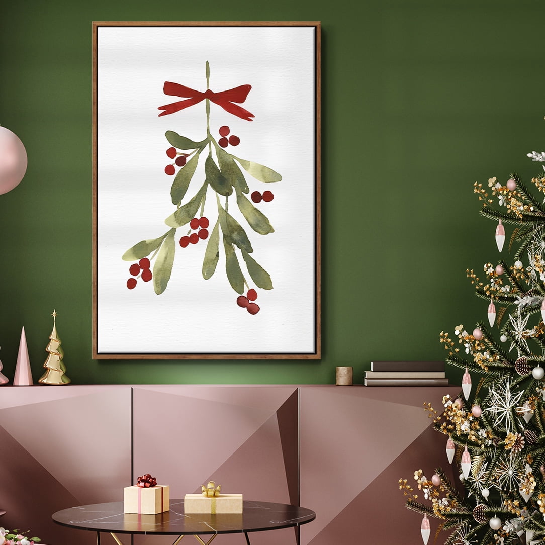Mistletoe Bow I - Framed Gallery Wrapped Holiday Canvas - 27 x 41 - Rosewood Frame