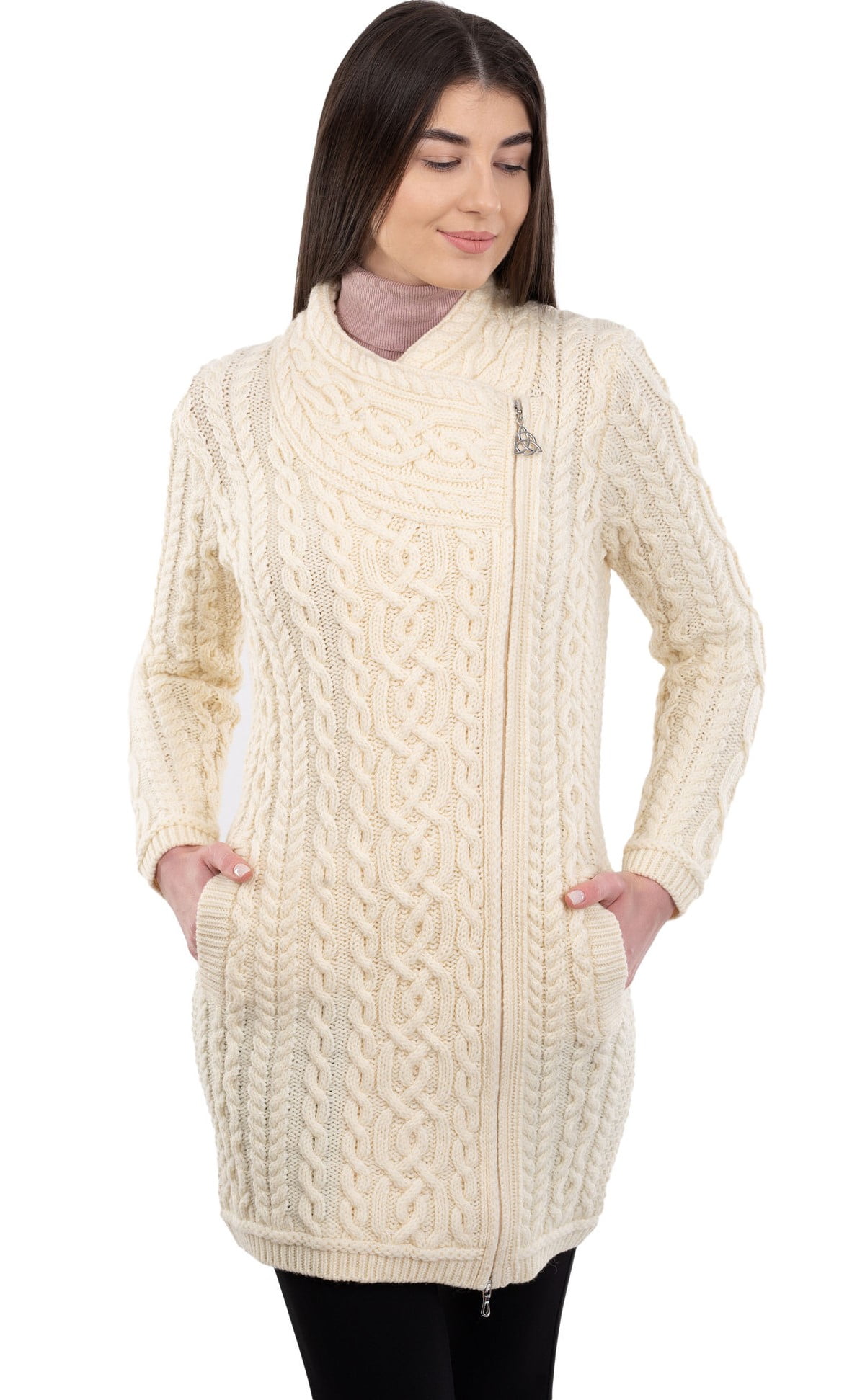 SAOL Aran Cable Knit Zip Cardigan Fisherman Irish Sweater 100% Premium Merino  Wool Women's Outdoor Coat Made in Ireland - Walmart.com
