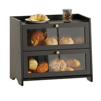 BambooHomie Bread Box for Kitchen Countertop, Bamboo Double Layer Bread Storage Container for Homemade Bread, Extra Large Farmhouse Breabox Bread Bin Organizer, Black