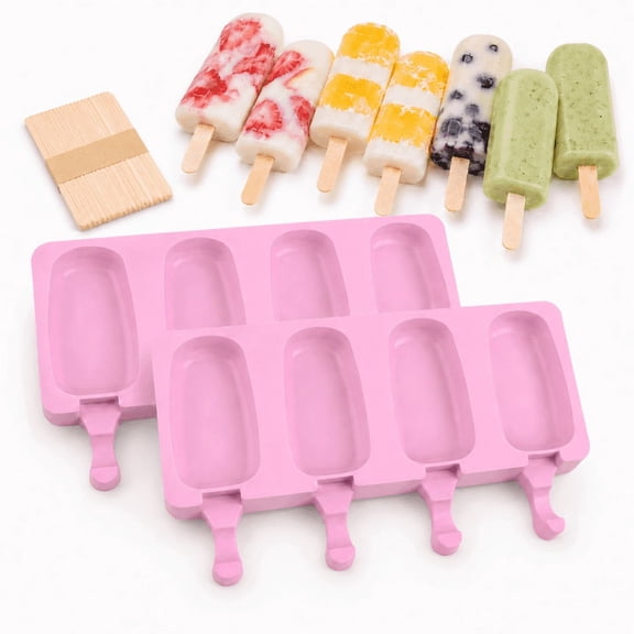 RYLZX Popsicle Molds Set of 2, Ice Pop Molds Silicone 4 Cavities Ice Cream Mold Oval Cake Pop Mold with 50 Wooden Sticks for DIY Popsicle (Pink)