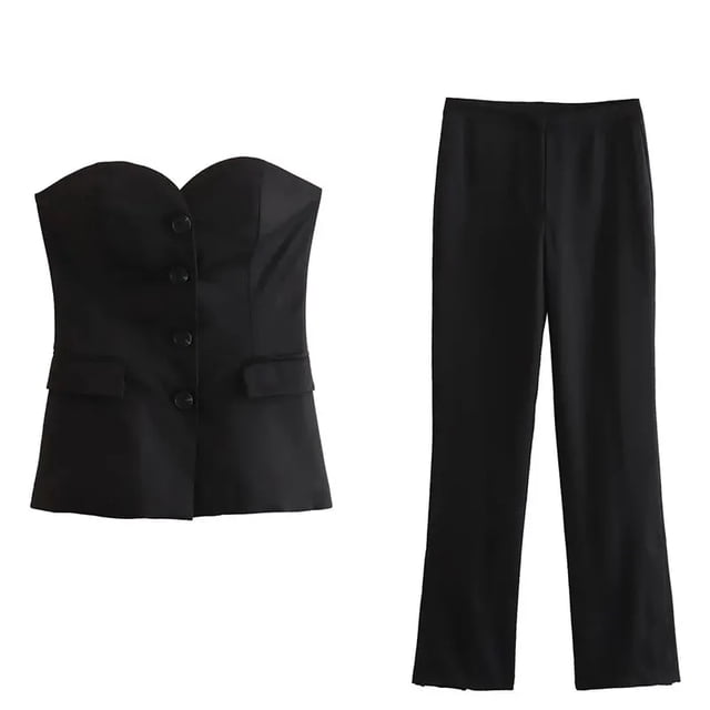 TRAFZA, traje de pantalón liso elegante para mujer, camisetas sin tirantes sexis con botón frontal + pantalón con abertura lateral, conjuntos de ropa de calle de moda femenina