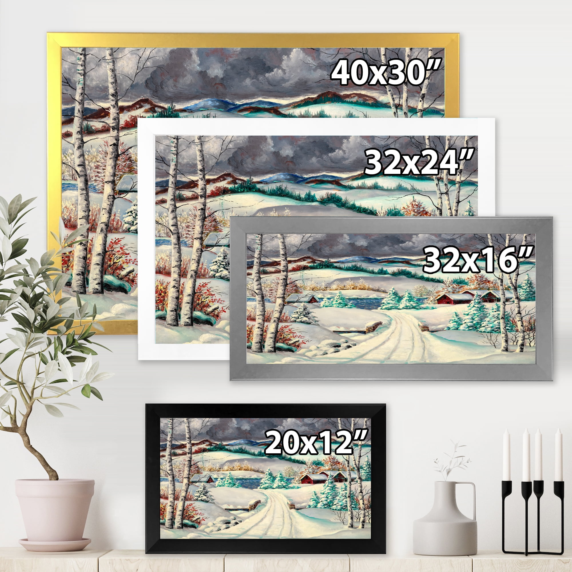 Designart 'Snowy Road In Countryside Winter Landscape' Traditional Framed Art Print