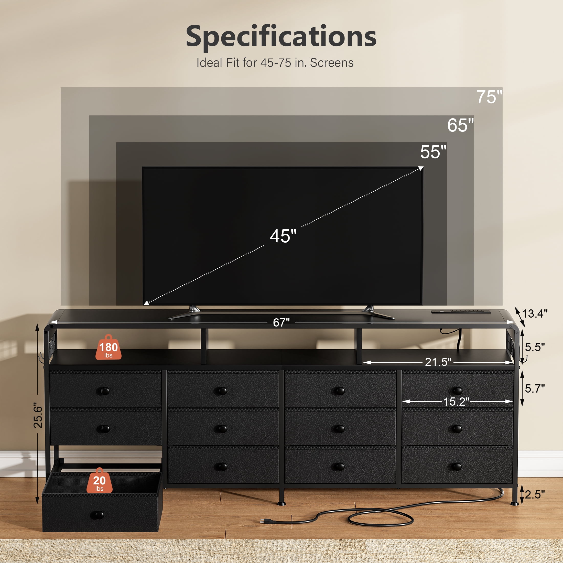 GUNAITO TV Stand for TVs up to 75", Big TV Stand with 12 Fabric Drawers and LED Lights, Entertainment Center with Storage and Shelves for Living Room, Black
