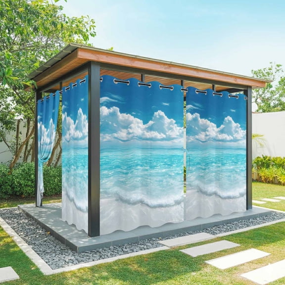 Outdoor Curtains for Patio Waterproof, Summer Ocean Windproof Pravicy Outside Porch Blackout Curtain, Coastal Blue Sky Sea Waves Natural Scenery Sun Blocking Grommets Curtains for Cabana 54"x84"