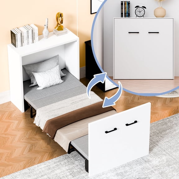 Lilypelle Narrow Twin Murphy Bed Cabinet, Folding Bed Roll Away Beds w/ Mattresses for Adult, Pull Out Chest Bed Daybed w/ Trundle Guest Bed for Apartment Study Room Office (Cot Size: 75" x 29")