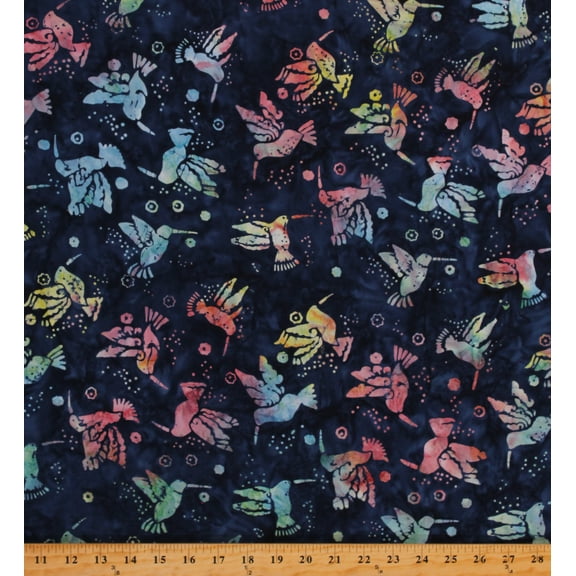 Cotton Batiks Hummingbirds Animals Flowers Rainbow Cotton Fabric Print by the Yard (Y2863Hummingbirds-89 Dark Denim)