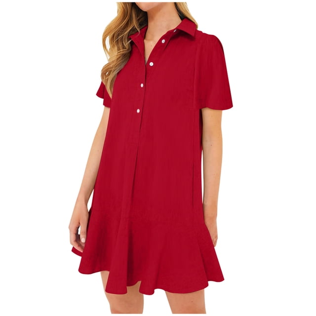 Women's Summer Solid Color Lapel Short Sleeved Buttoned Open Chest Pleated Ruffled Dress Short Skirt,Stylish Lapel Dress with Short Sleeves, Button Detail, and Pleated Ruffles Sporty Fit