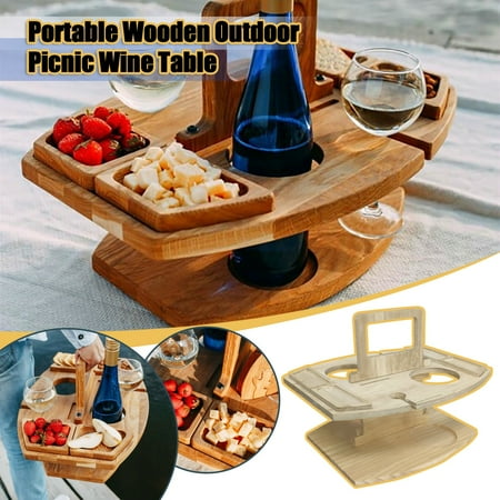 

MIARHB Portable Wooden Outdoor Picnic Wine Table Folding Beach Table Snack Cheese Tray
