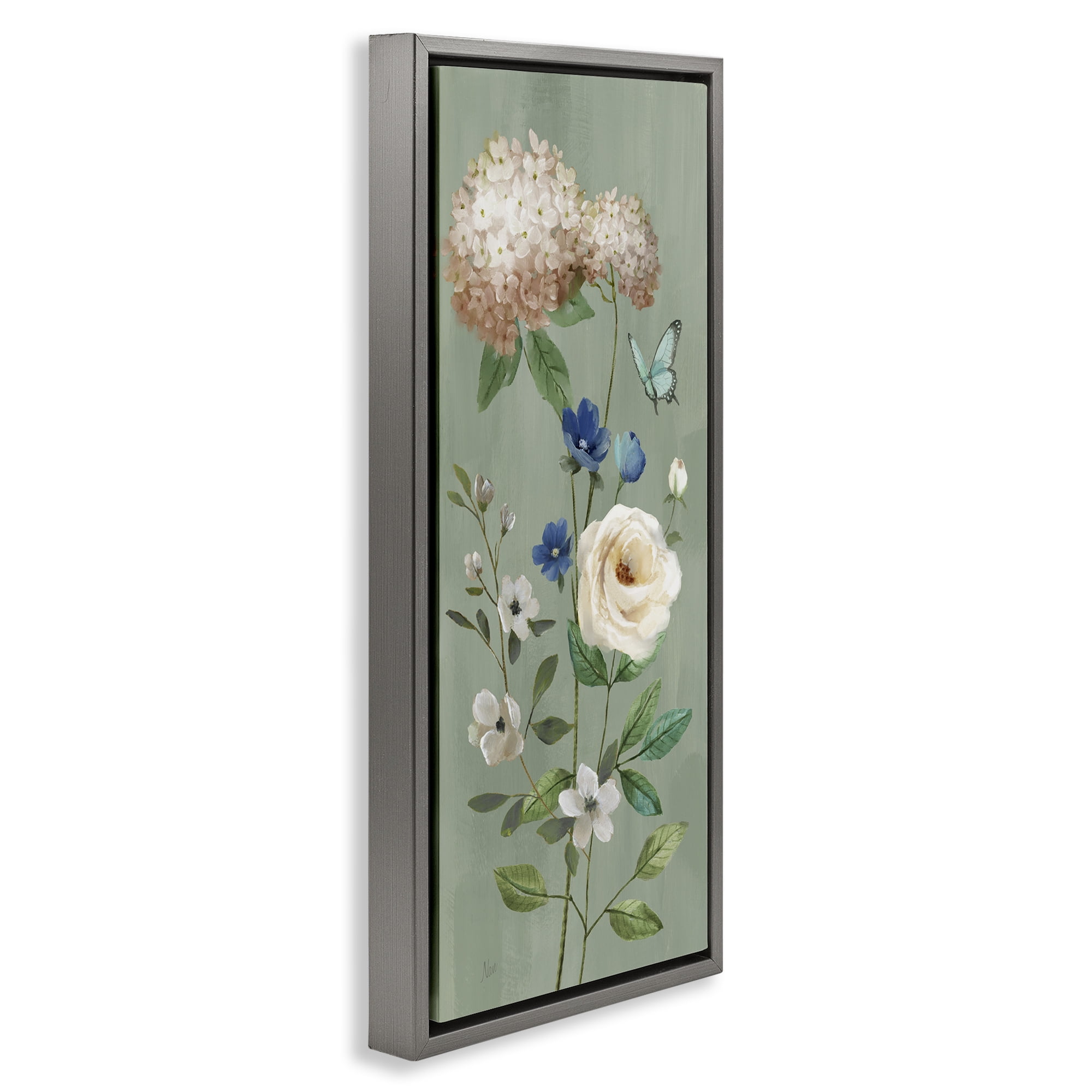 Stupell Industries Hydrangea & Rose with Butterfly Gray Framed Floater Canvas Wall Art, design by Nan