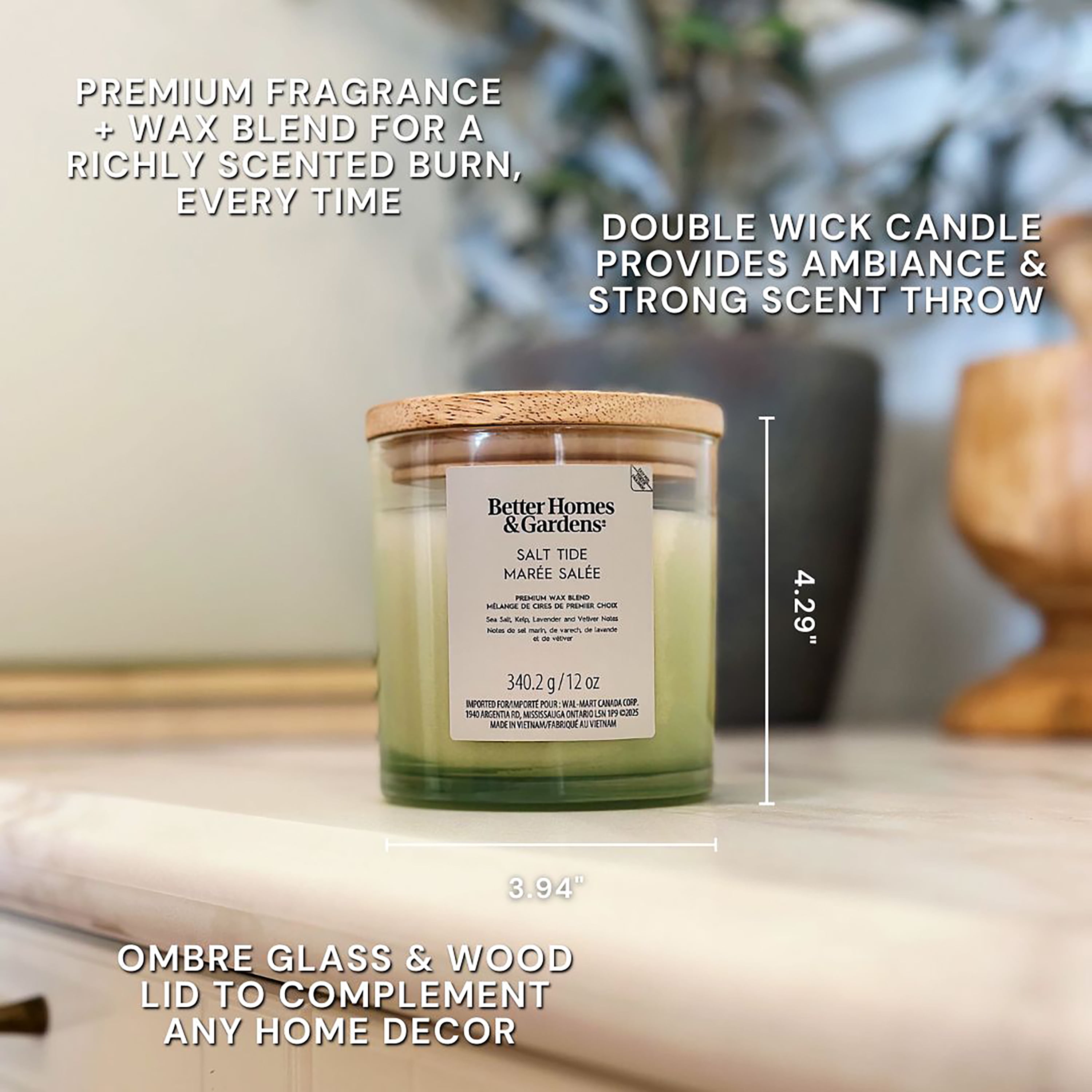 Better Homes & Gardens Scented 2-wick 12 oz. Parrafin Wax Ombre Jar Candle, Salt Tide, Parrafin Wax Blend