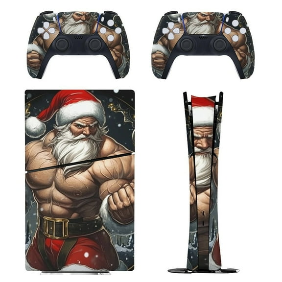 Skin Sticker for PS5 Slim Standard Disc Digital Edition Console and Controllers Decals for Playstation 5 (Strong Santa Body Builder,PS5 Slim)