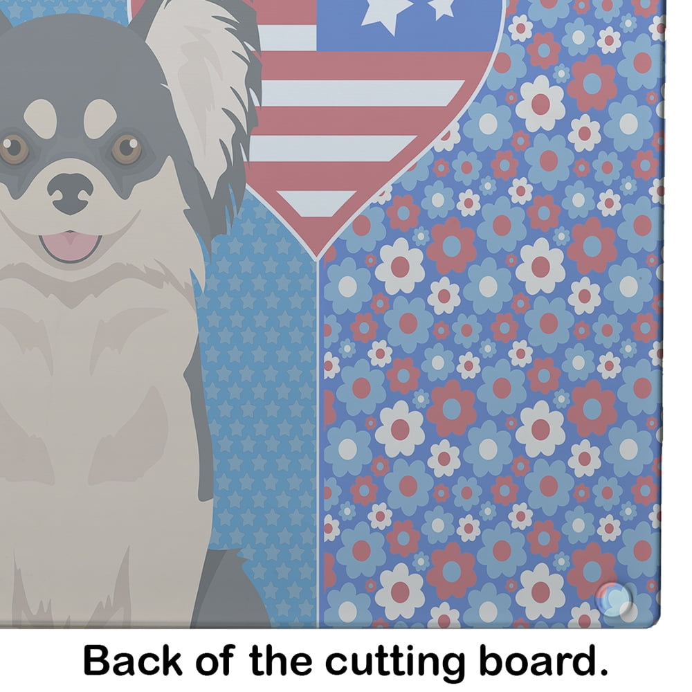 Longhaired Black and White Chihuahua Glass Cutting Board Large 12 in x 15 in