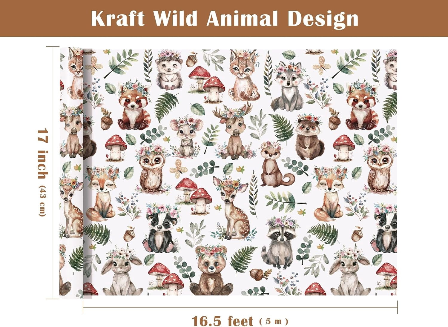 Kraft Woodland Animal Wrapping Paper Roll - Mini Roll - 17 Inch x 16.5 Feet - Greenery Woodland Forest Animals Design Perfect for Baby Shower, Kids Girls Boys Birthday