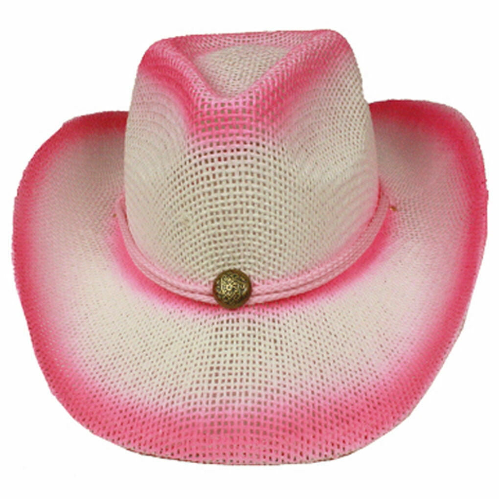 Pink Ombre Woven Straw HAT with Beads Cowgirl Women Lightweight
