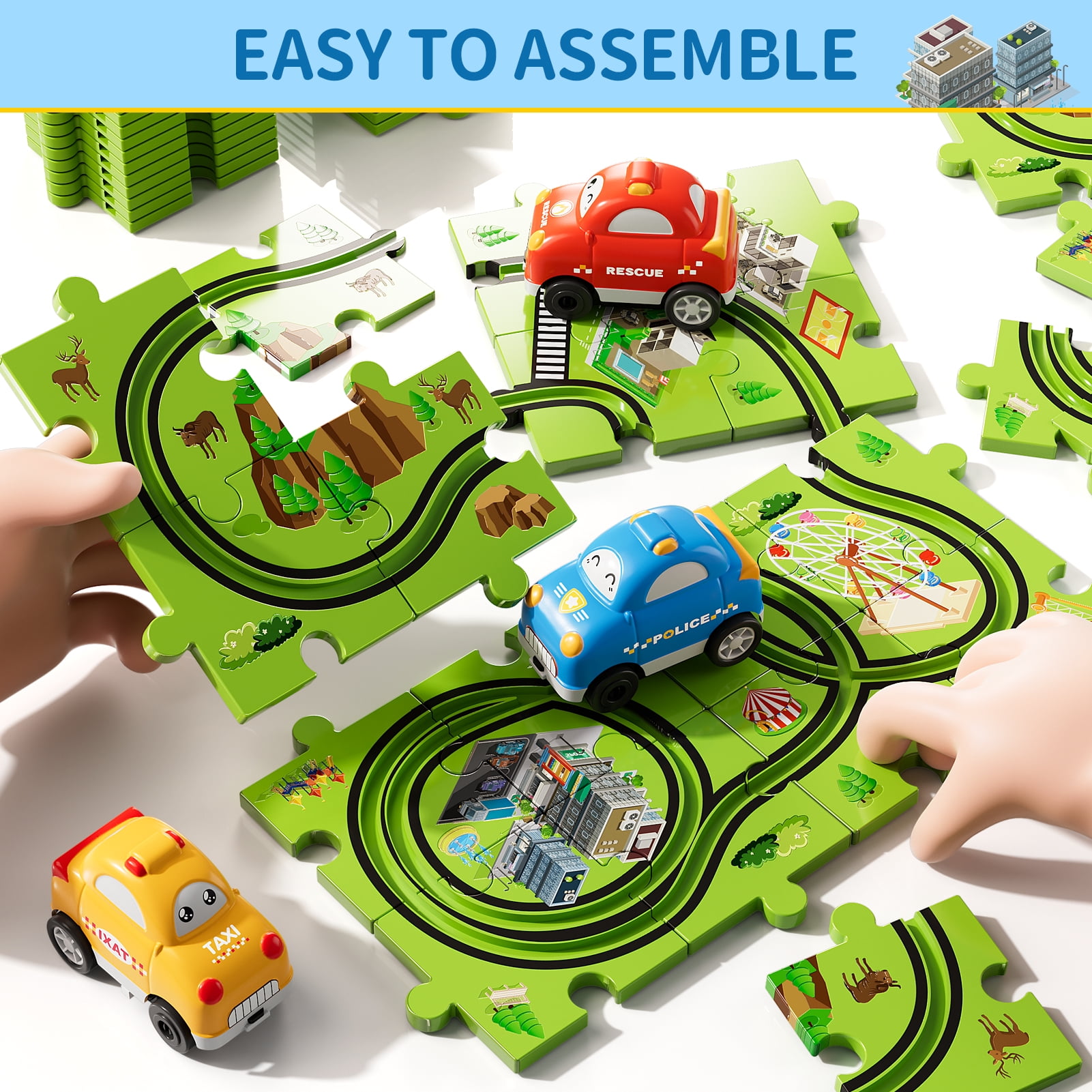 iHaHa 73 Pcs Puzzle Race Car Set Toys for Kids Ages 3-6 Years Old Boys, Puzzle Track Toys Gifts for Ages 3 4 5, Race Car Track Toys
