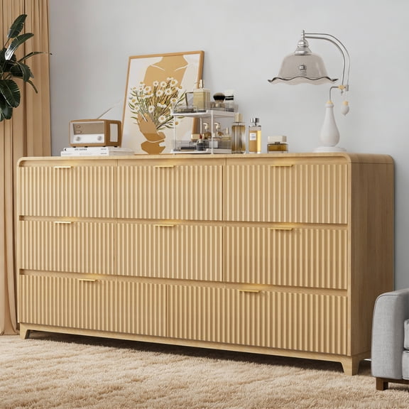 VNT Fluted 8 Drawer Dresser for Bedroom, 55.1" Wide Modern Wood Chest of Drawers with Metal Handle for Living Room, Natural Oak