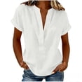 thumbnail image 3 of Craaazy Women's Relaxed Fit V Neck Blouse, Solid Color Short Sleeve Linen Cotton Tops, Comfy Casual Shirt for Summer Gifts, 3 of 6