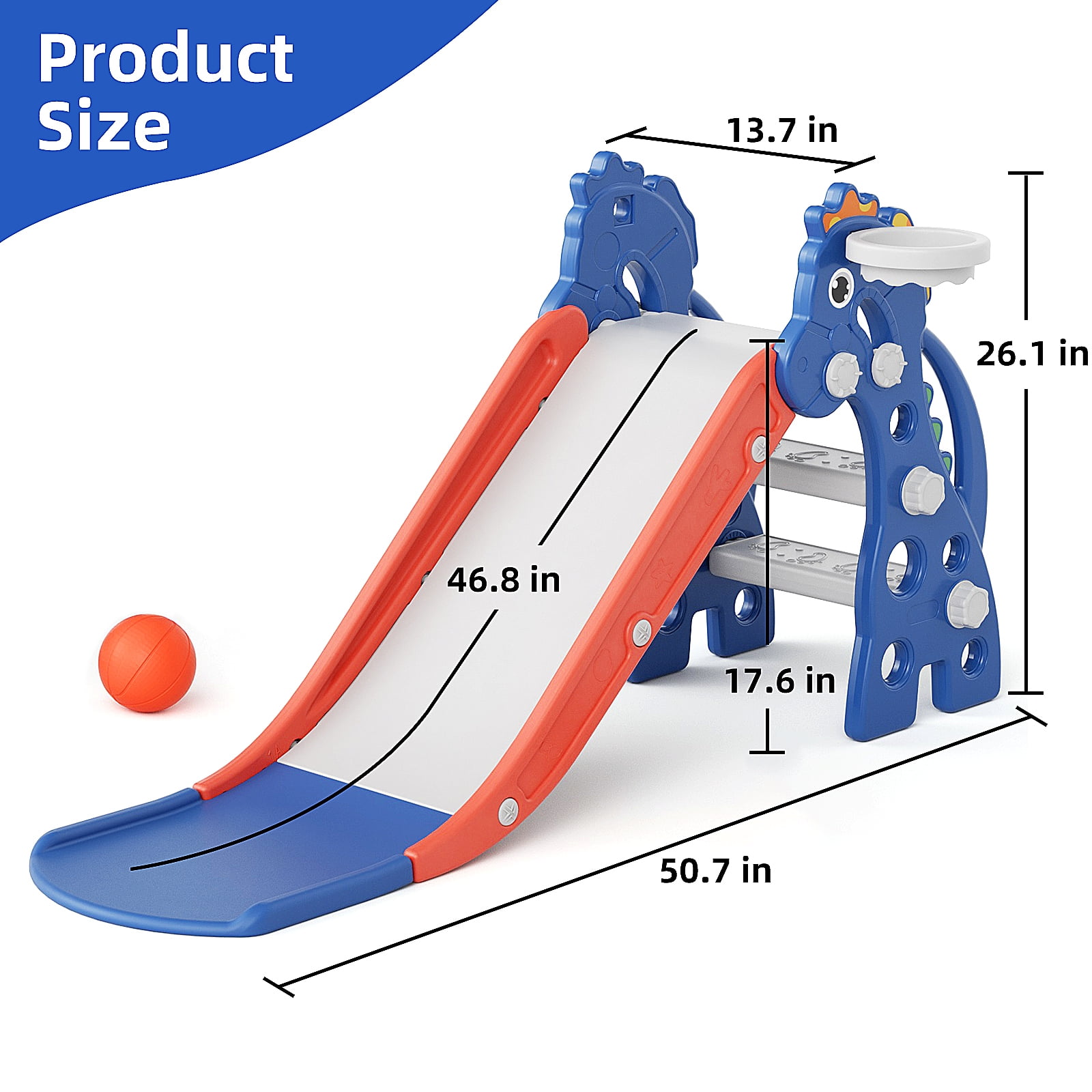 KORIMEFA Toddler Slide Indoor for Toddlers 1-3 Baby Slide Outdoor Playset with Basketball Hoop and Ball Plastic Foldable Slides for Kids Backyard Climber Set, Blue