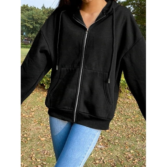 Zipper Hooded Drawstring Long Sleeve Women's Hoodies Solid Color Stylish Comfy Sweatshirt Autumn Black White Hooded Female Tops