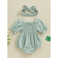 thumbnail image 6 of Musuos Infant Baby Girl Summer Jumpsuit 0-18Months  Solid Color Short Sleeve Square Neck Shirred Romper with Bow Headband, 6 of 10