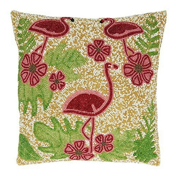 Fennco Styles Beaded Flamingo Cotton Decorative Throw Pillow Cover 16" W x 16" L – Multicolor Tropical Cushion Case for Home, Couch, Living Room, Bedroom and Office Décor