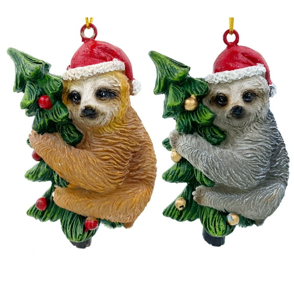 Sloth Ornaments - Sloth with Santa Hat Christmas Tree Decorations, Set of 2 Figurine Ornaments