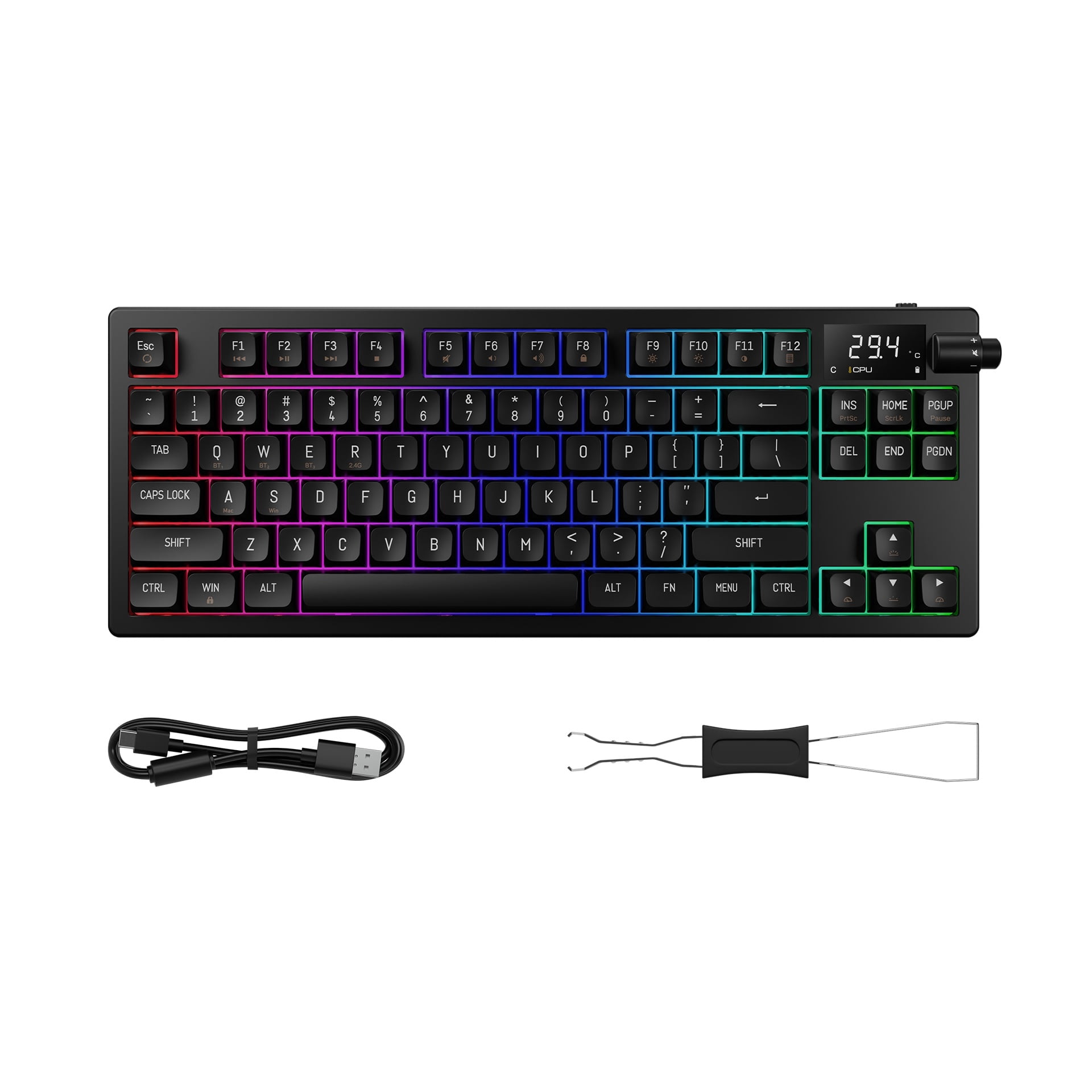 Gamdias HERMES M7 Hybrid Mechanical Gaming Keyboard with CPU/GPU Temperature Display, Bluetooth and 2.4GHz Wireless, Volume Control Knob, Hot-Swappable, USB Type-C