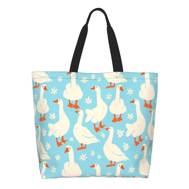 Fotbe White Geese and Flower Bolsa Tote Estética de Lona con Estampado para Mujer - Bolsa Reutilizable de Hombro Casual para Vacaciones, Compras, Trabajo y Gimnasio