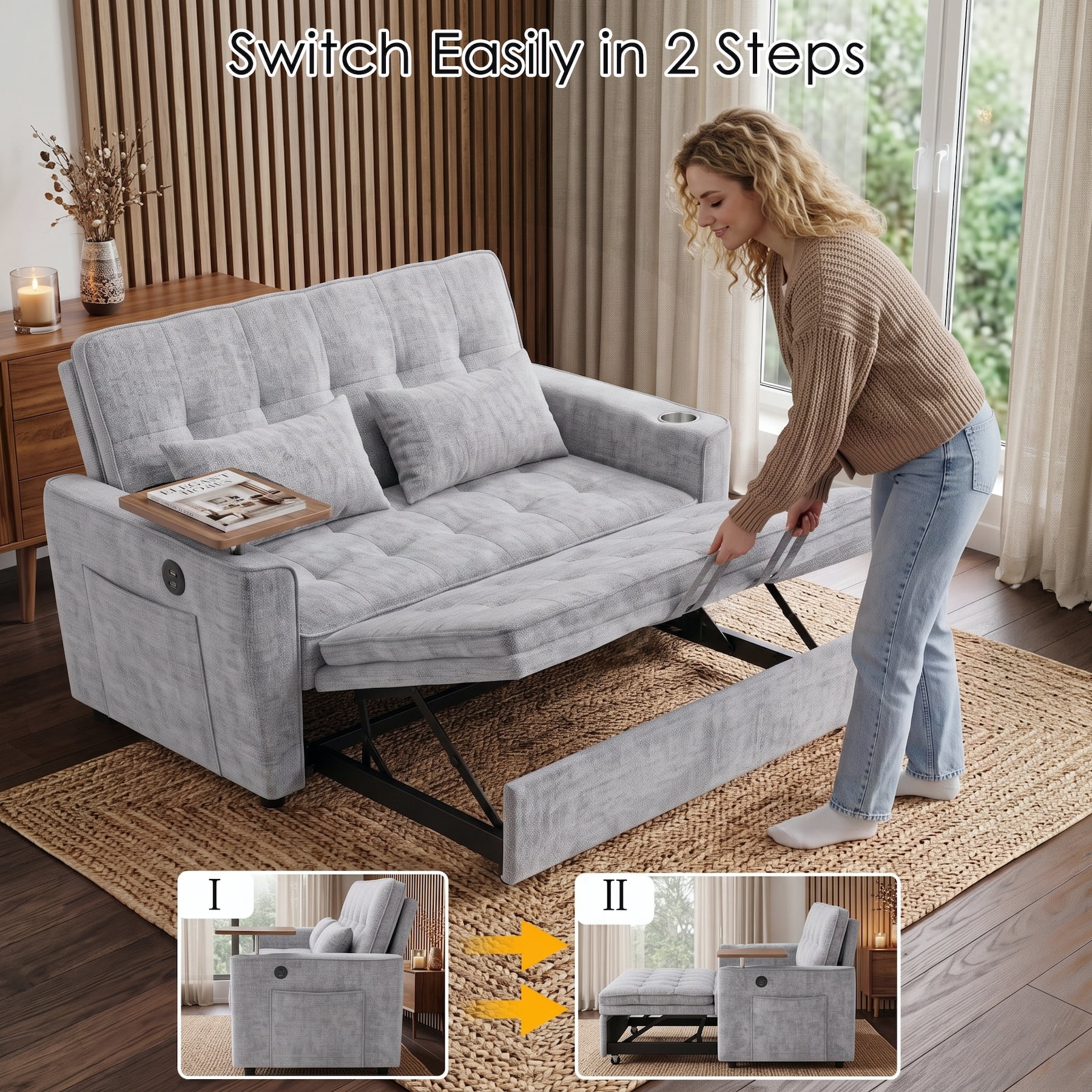 Xiweot 54" Convertible Sleeper Sofa Bed, Full Size Pull Out Couch with Adjustable Backrest, USB Ports & Cup Holder, Chenille Loveseat Sleeper for Apartment Living Room, Light Gray