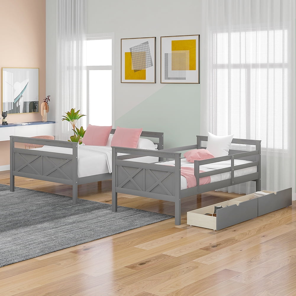 Kadyn Twin over Full Bunk Bed with Ladder, Two Storage Drawers, Safety Guardrail, Gray