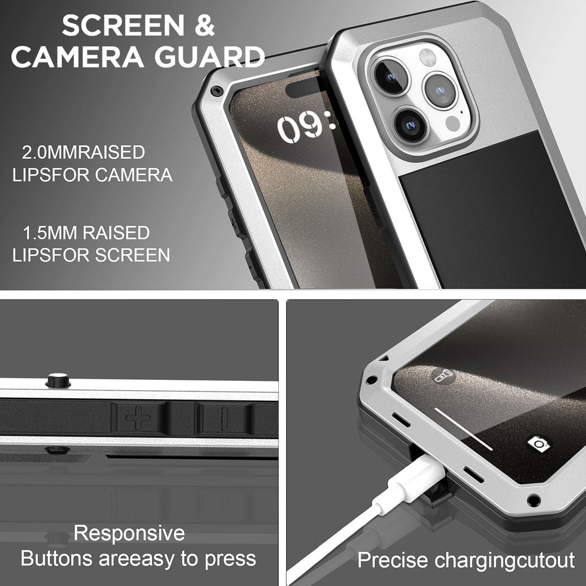 AICase For iPhone 15 Pro Max Case 360 Full Body Protective Cover Heavy Duty Shockproof [Tough Armour] Aluminum Alloy Metal Case BUilt-in Screen Protector