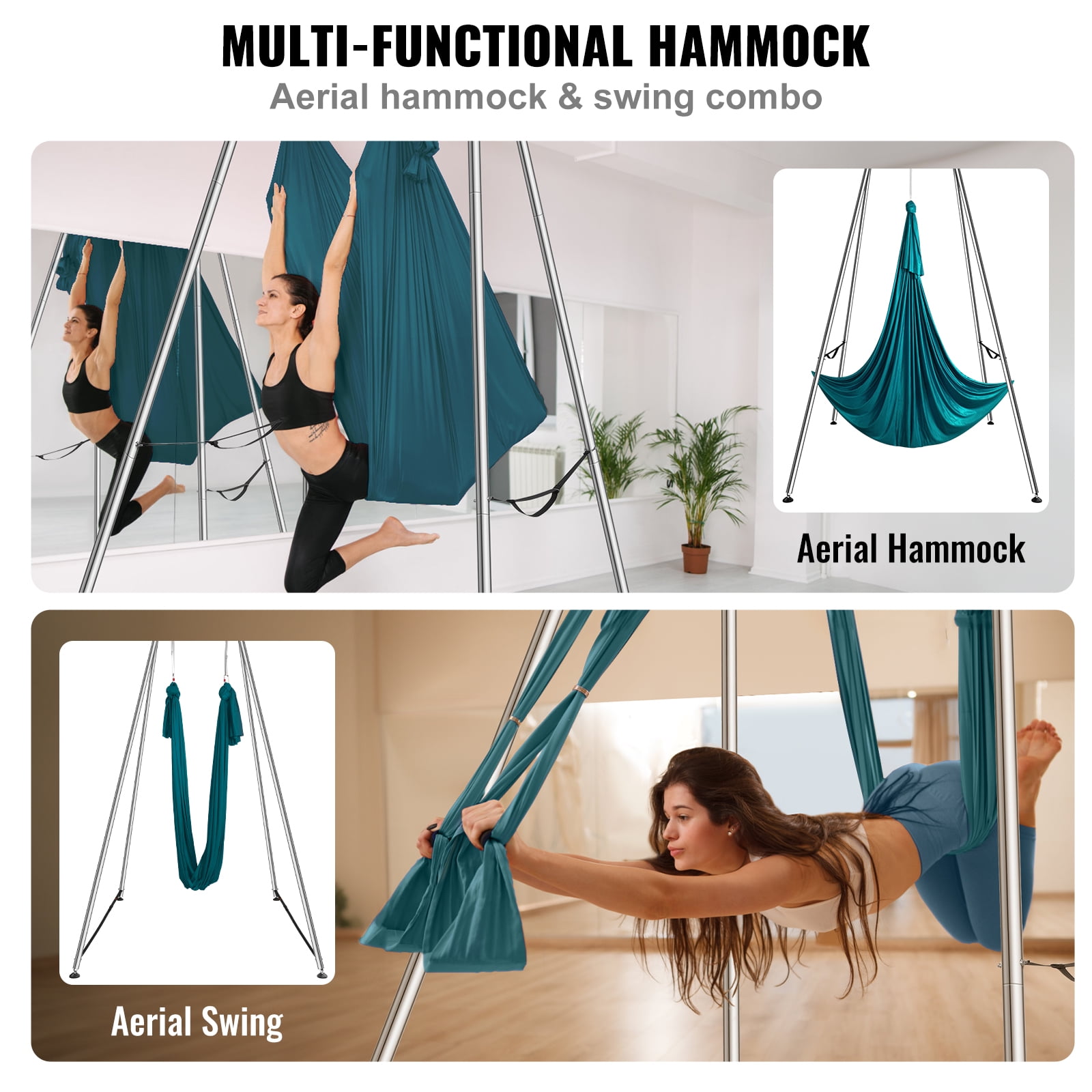 KFFKFF Aerial Yoga Structure & Hammock, 9.67 ft Tall Professional Yoga Swing Support Includes 6.6 Yards Aerial Hammock, Max 551.15 lbs Weight Limit Yoga Apparatus for Aerial Yoga, Green