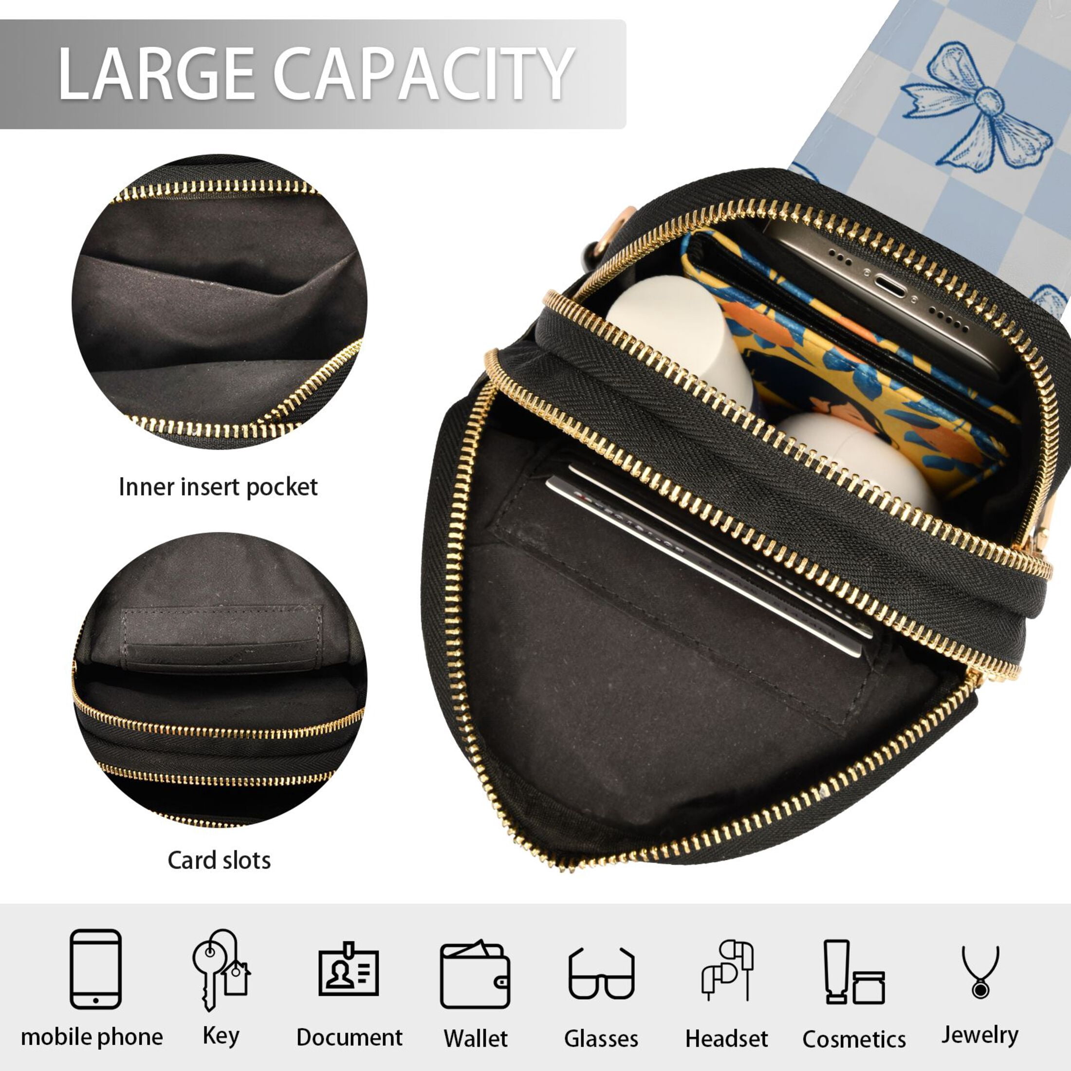 ALAZA Blue Bow Checkered Sling Bag for Women Men Waterproof Crossbody Chest Bags