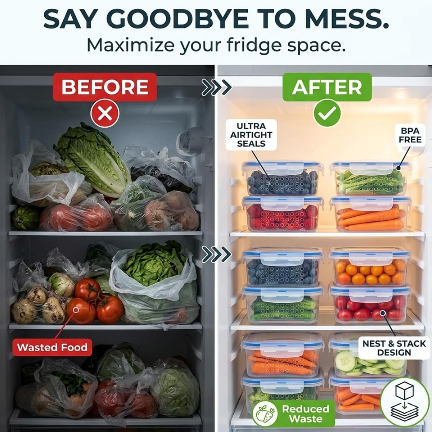 4 in 1 Food Storage Container,Produce Keeper Containers for Fridge-Including Drain Basket,Multifunctional Airtight Container
