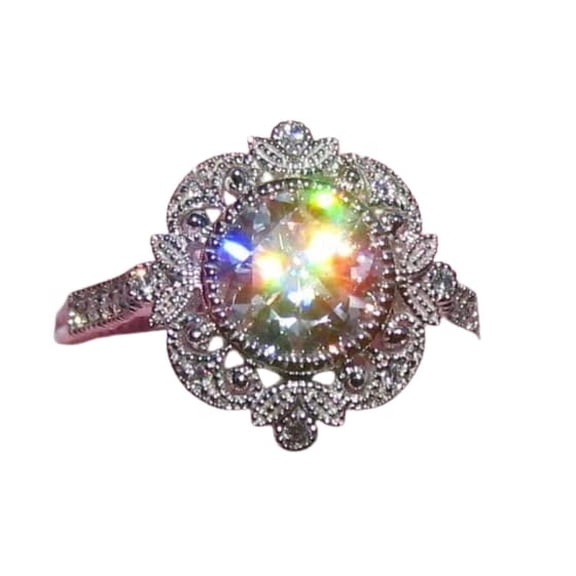 HeartsAndYou Floral Milgrain Engagement Ring for Women 2.7ct Round Cut Moissanite 18k White Gold over Silver